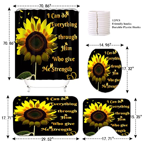 Izayoi 4PCS Sunflower Shower Curtain Sets Butterfly Yellow Flower Bathroom Sets with Non-Slip Rug, Toilet Lid Cover and Bath Mat Waterproof Shower Curtains for Bathroom Decor with 12 Hooks