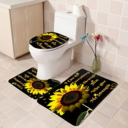 Izayoi 4PCS Sunflower Shower Curtain Sets Butterfly Yellow Flower Bathroom Sets with Non-Slip Rug, Toilet Lid Cover and Bath Mat Waterproof Shower Curtains for Bathroom Decor with 12 Hooks