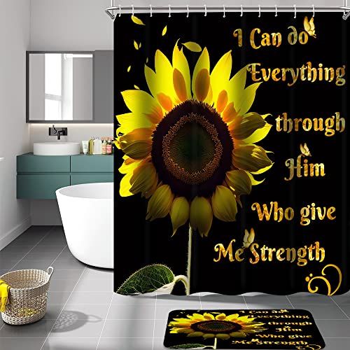 Izayoi 4PCS Sunflower Shower Curtain Sets Butterfly Yellow Flower Bathroom Sets with Non-Slip Rug, Toilet Lid Cover and Bath Mat Waterproof Shower Curtains for Bathroom Decor with 12 Hooks
