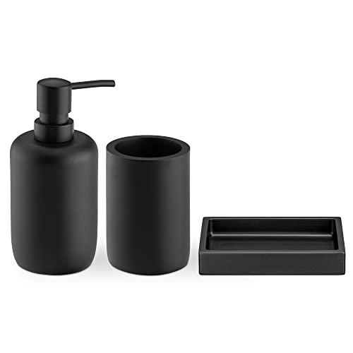 Navaris Bamboo Bathroom Accessories Set - 3-Piece Bath Accessory Kit with Toothbrush Holder/Liquid Soap Dispenser/Soap Dish Tray - Polyresin