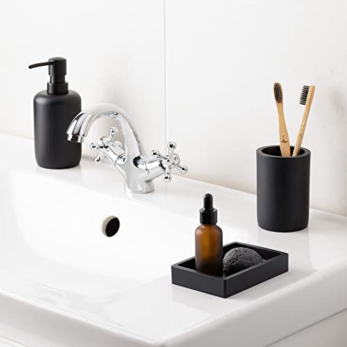 Navaris Bamboo Bathroom Accessories Set - 3-Piece Bath Accessory Kit with Toothbrush Holder/Liquid Soap Dispenser/Soap Dish Tray - Polyresin