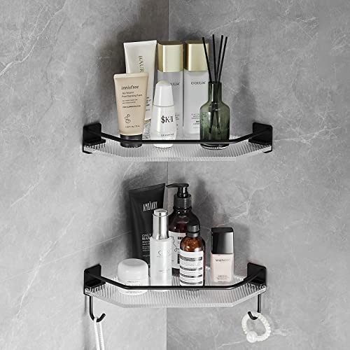 AODORAN Shower Caddy Bathroom Organizer - 2-Pack Black Shower Organizer Rustproof Acrylic Shower Corner Shelves With 2 Hooks, Adhesive Wall Mounted Bathroom Shelves Kitchen Organizer