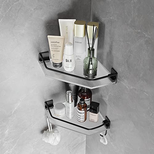 AODORAN Shower Caddy Bathroom Organizer - 2-Pack Black Shower Organizer Rustproof Acrylic Shower Corner Shelves With 2 Hooks, Adhesive Wall Mounted Bathroom Shelves Kitchen Organizer