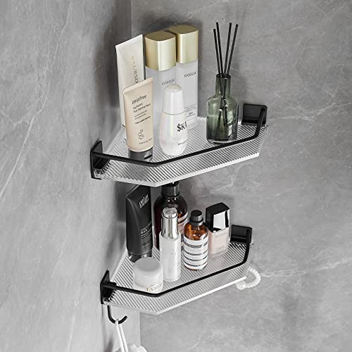 AODORAN Shower Caddy Bathroom Organizer - 2-Pack Black Shower Organizer Rustproof Acrylic Shower Corner Shelves With 2 Hooks, Adhesive Wall Mounted Bathroom Shelves Kitchen Organizer