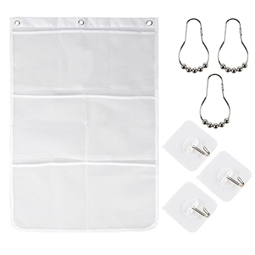 Beisto Mesh Shower Organizer Hanging Caddy with 7 Pockets,Shower Curtain Rod Hanging Organizer Storage Pockets Bathroom Hanger Organizer with Over the Hooks,white