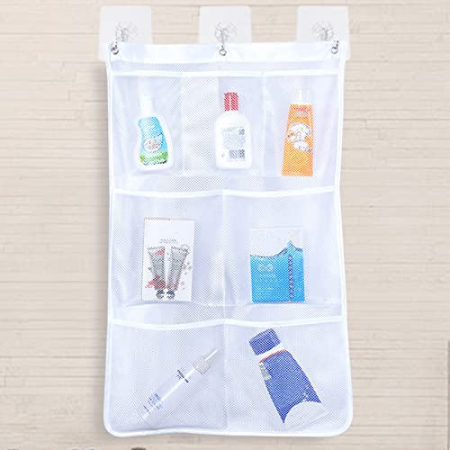 Beisto Mesh Shower Organizer Hanging Caddy with 7 Pockets,Shower Curtain Rod Hanging Organizer Storage Pockets Bathroom Hanger Organizer with Over the Hooks,white