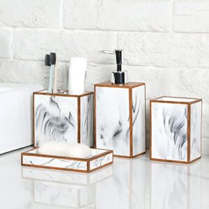 mygift 4 piece marbled design white and black resin bathroom countertop accessories set with decorative wood trim includes pump lotion dispenser, tumbler, toothbrush holder and soap dish