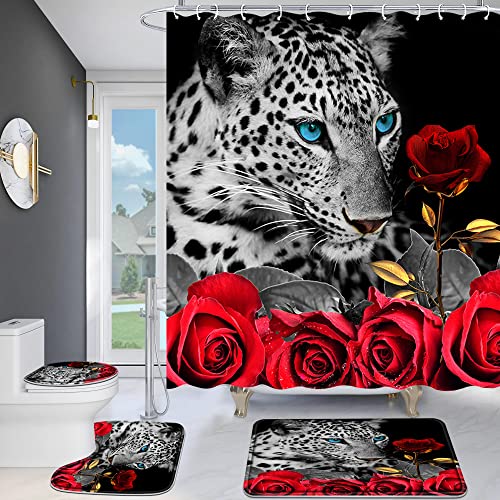 YOKYHOM 4 Piece Bathroom Sets with Shower Curtain and Rugs, Leopard Rose Bathroom Shower Curtain Sets with Rugs, Incl 71'' x 71'' Shower Curtain with 12 Hooks, Non Slip Bath Mats, Toilet Lid Oval Rug