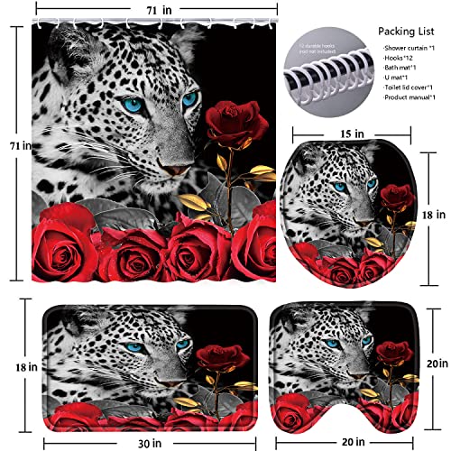 YOKYHOM 4 Piece Bathroom Sets with Shower Curtain and Rugs, Leopard Rose Bathroom Shower Curtain Sets with Rugs, Incl 71'' x 71'' Shower Curtain with 12 Hooks, Non Slip Bath Mats, Toilet Lid Oval Rug