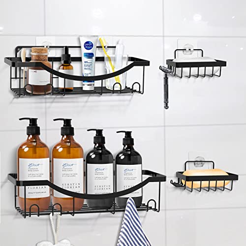 FANTINEE 4 Pack Shower Shelf for Inside Shower,Shower Caddy Basket Shelf with Soap Holder and Toothbrush Holder,Shower Wall Shelves for Bathroom Shower Storage Organizer Black