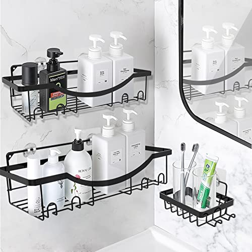 FANTINEE 4 Pack Shower Shelf for Inside Shower,Shower Caddy Basket Shelf with Soap Holder and Toothbrush Holder,Shower Wall Shelves for Bathroom Shower Storage Organizer Black