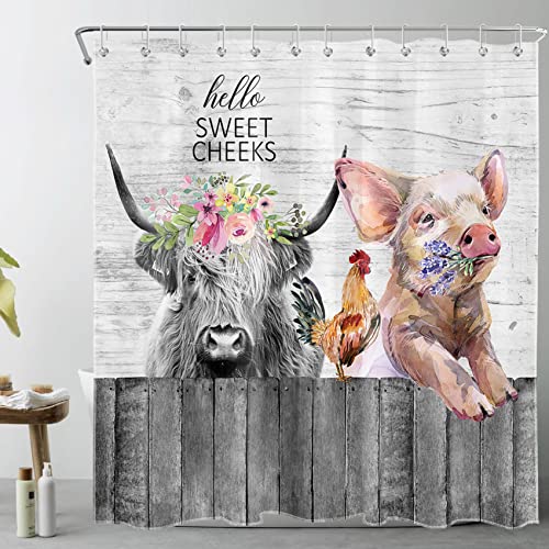 ECOTOB Farmhouse Highland Cow Shower Curtain Set Cute Farm Cow Chicken and Pig with Flowers on Grey Fence Bath Mat and Shower Curtain Funny Farm Animal Bathroom Decor Accessories, 72x72 Inches