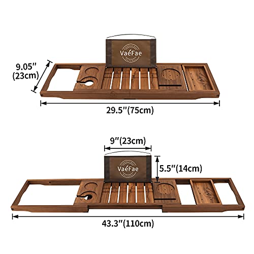 Teak Bathtub Tray, Expandable Wooden Bath Tray for Tub with Wine and Book Holder, Solid Bathroom Caddy with Free Teak Body Brush