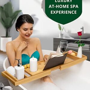 Foldable Bathtub Tray Caddy Bamboo Bathtub Tray Expandable, Bath Tub Table Caddy with Extending Sides - Free Soap Dish