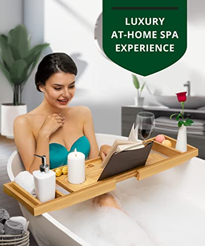 Foldable Bathtub Tray Caddy Bamboo Bathtub Tray Expandable, Bath Tub Table Caddy with Extending Sides - Free Soap Dish