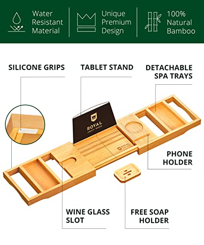 Foldable Bathtub Tray Caddy Bamboo Bathtub Tray Expandable, Bath Tub Table Caddy with Extending Sides - Free Soap Dish