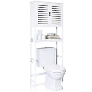 smibuy bathroom over the toilet storage cabinet, 2 door bamboo cabinet organizer, freestanding space saver toilet rack with adjustable inside shelf and open shelf (white)