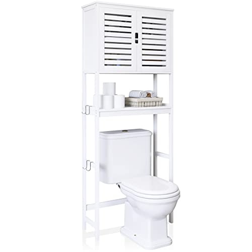 SMIBUY Bathroom Over The Toilet Storage Cabinet, 2 Door Bamboo Cabinet Organizer, Freestanding Space Saver Toilet Rack with Adjustable Inside Shelf and Open Shelf (White)