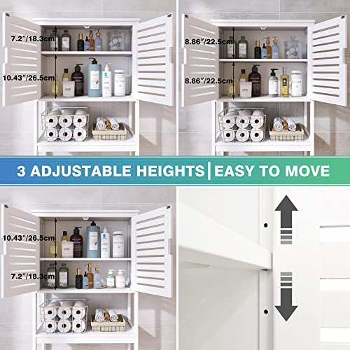 SMIBUY Bathroom Over The Toilet Storage Cabinet, 2 Door Bamboo Cabinet Organizer, Freestanding Space Saver Toilet Rack with Adjustable Inside Shelf and Open Shelf (White)