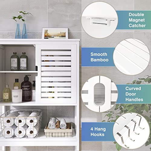 SMIBUY Bathroom Over The Toilet Storage Cabinet, 2 Door Bamboo Cabinet Organizer, Freestanding Space Saver Toilet Rack with Adjustable Inside Shelf and Open Shelf (White)