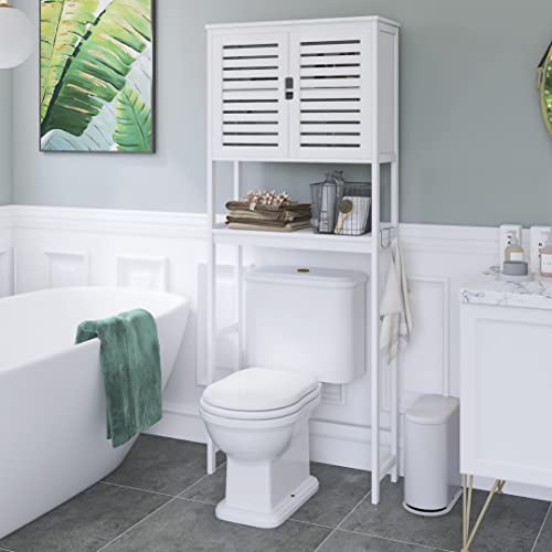 SMIBUY Bathroom Over The Toilet Storage Cabinet, 2 Door Bamboo Cabinet Organizer, Freestanding Space Saver Toilet Rack with Adjustable Inside Shelf and Open Shelf (White)