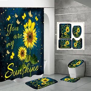 ochine sunflower shower curtain sets with rugs 4pcs, quotes butterfly sunflower bathroom decor sets with non-slip rug, toilet lid cover and bath mat, shower curtain sunflower with 12 hooks