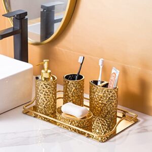 RXLVCKY Bathroom Accessories Set 5 Piece Bath Ensemble Includes Trash Can,Toothbrush Holder,Toothbrush Cup,Soap Dispenser,Soap Dish for Decorative Countertop and Housewarming Gift,Yellow Gold