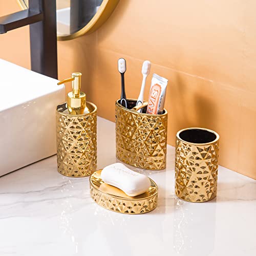 RXLVCKY Bathroom Accessories Set 5 Piece Bath Ensemble Includes Trash Can,Toothbrush Holder,Toothbrush Cup,Soap Dispenser,Soap Dish for Decorative Countertop and Housewarming Gift,Yellow Gold