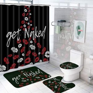 alishomtll 4 pcs red and black shower curtain set with non-slip rug, toilet lid cover and bath mat, lips get naked shower curtain with 12 hooks, waterproof funny quotes bathroom shower curtains