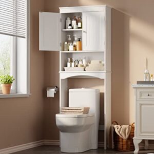 gizoon over the toilet storage cabinet with adjustable shelf and double doors, bathroom space saver organizer above toilet with open shelf, taller wooden free standing toilet rack -white