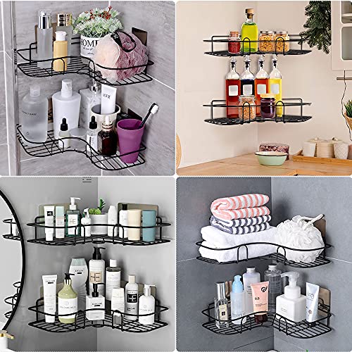 Shower Caddy Corner Shelf Organizer 2 PACK With 8 Pack Powerful Adhesive Hooks Wall Mounted Rust Proof Shower Rack No Drilling Corner Shower Shelf For Bathroom Storage Bathtub Accessories Black…