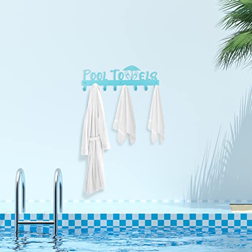 Pool Towel Rack with 8 Hooks, Towel Holder Wall Mounted for Outdoor or Bathroom, Towel Hanger for Hanging Bathrobes, Towels, Clothes - Perfect Pool Area Outside Sign and Decor (Blue)