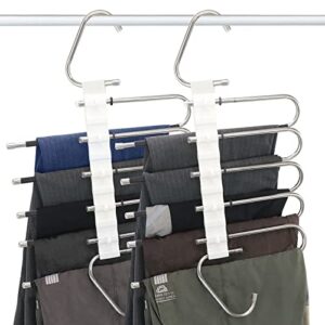 Pants Hangers for Clothes Hanger Organizer,(Easy Assembly) Stainless Steel Non Slip Space Saving Hangers, Magic Pants Hangers Layers Multifunctional Uses Rack Pants Organizer 2 Pack