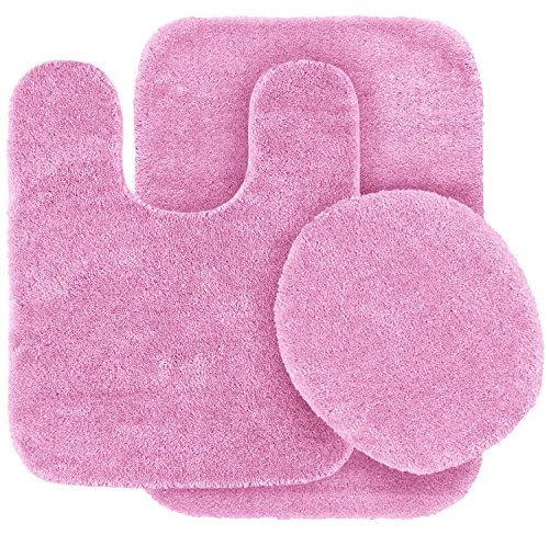 GorgeousHomeLinen 3-Piece Light Pink #6 Bathroom Set Bath Mat, Contour, and Toilet Lid Cover, with Rubber Backing