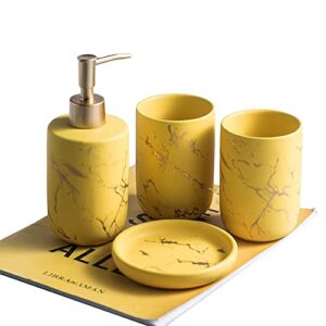 usyueglv ceremic bathroom accessory set, 4 pieces marble look complete bath decor kit includes lotion soap dispenser, 2 toothbrush holder/tumbler and soap dish (yellow (four piece))