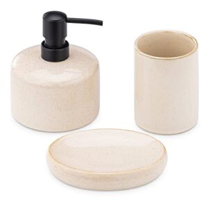 Navaris Ceramic Bathroom Accessories Set (3 Pieces) - Includes Soap Dispenser, Toothbrush Holder, Soap Dish - Modern Bath Accessory Holders - Sand