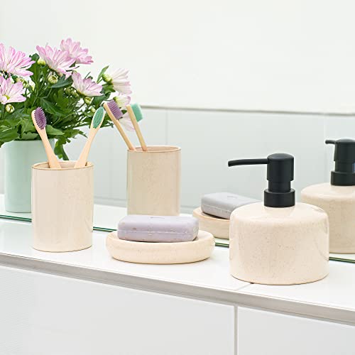 Navaris Ceramic Bathroom Accessories Set (3 Pieces) - Includes Soap Dispenser, Toothbrush Holder, Soap Dish - Modern Bath Accessory Holders - Sand
