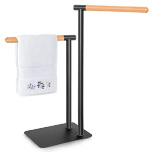 Black Hand Towel Stand for Countertop - Steel and Bamboo Hand Towel Holder for Bathroom Countertop, Double L-Shaped Black Hand Towel Holder for 2 Towels with Non-Slip Pads