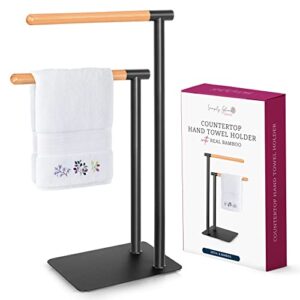 Black Hand Towel Stand for Countertop - Steel and Bamboo Hand Towel Holder for Bathroom Countertop, Double L-Shaped Black Hand Towel Holder for 2 Towels with Non-Slip Pads