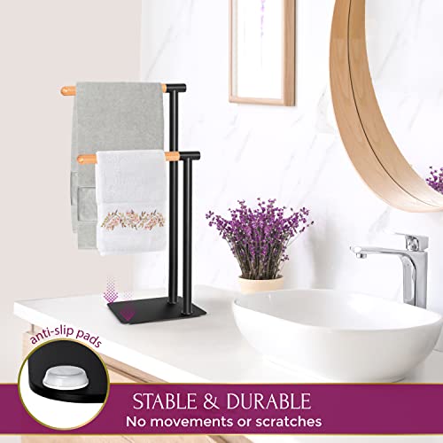 Black Hand Towel Stand for Countertop - Steel and Bamboo Hand Towel Holder for Bathroom Countertop, Double L-Shaped Black Hand Towel Holder for 2 Towels with Non-Slip Pads