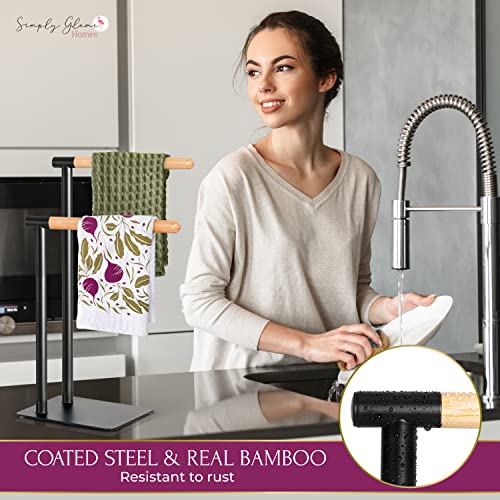 Black Hand Towel Stand for Countertop - Steel and Bamboo Hand Towel Holder for Bathroom Countertop, Double L-Shaped Black Hand Towel Holder for 2 Towels with Non-Slip Pads