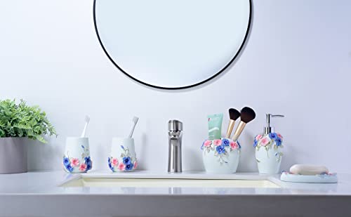 Ximlike Floral Bathroom Accessories Set Light Green, 5-Piece Resin Bathroom Completes Set Flower Pattern, Toothbrush Holder, Soap Dispenser, Tumbler, Soap Dish, Bathroom Vanity Organizer Decor Sets