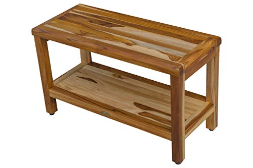 EcoDecors Eleganto Shower Bench 30” Teak Wood Garden Bench with Storage Shelf Wooden Seat Patio Bench Natural Wood Shower Bench for Indoors and Outdoors