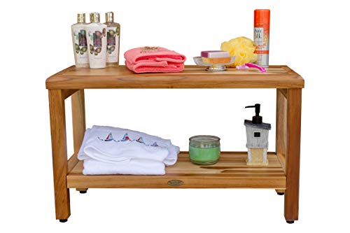 EcoDecors Eleganto Shower Bench 30” Teak Wood Garden Bench with Storage Shelf Wooden Seat Patio Bench Natural Wood Shower Bench for Indoors and Outdoors