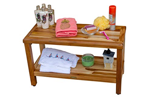 EcoDecors Eleganto Shower Bench 30” Teak Wood Garden Bench with Storage Shelf Wooden Seat Patio Bench Natural Wood Shower Bench for Indoors and Outdoors