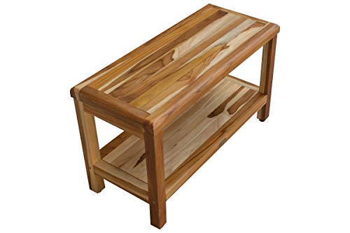 EcoDecors Eleganto Shower Bench 30” Teak Wood Garden Bench with Storage Shelf Wooden Seat Patio Bench Natural Wood Shower Bench for Indoors and Outdoors