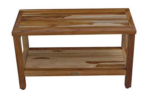 EcoDecors Eleganto Shower Bench 30” Teak Wood Garden Bench with Storage Shelf Wooden Seat Patio Bench Natural Wood Shower Bench for Indoors and Outdoors