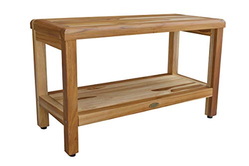 EcoDecors Eleganto Shower Bench 30” Teak Wood Garden Bench with Storage Shelf Wooden Seat Patio Bench Natural Wood Shower Bench for Indoors and Outdoors