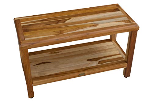 EcoDecors Eleganto Shower Bench 30” Teak Wood Garden Bench with Storage Shelf Wooden Seat Patio Bench Natural Wood Shower Bench for Indoors and Outdoors