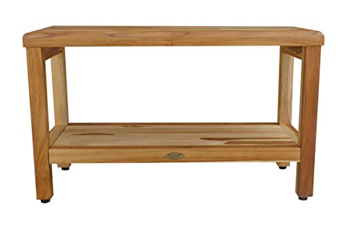 EcoDecors Eleganto Shower Bench 30” Teak Wood Garden Bench with Storage Shelf Wooden Seat Patio Bench Natural Wood Shower Bench for Indoors and Outdoors